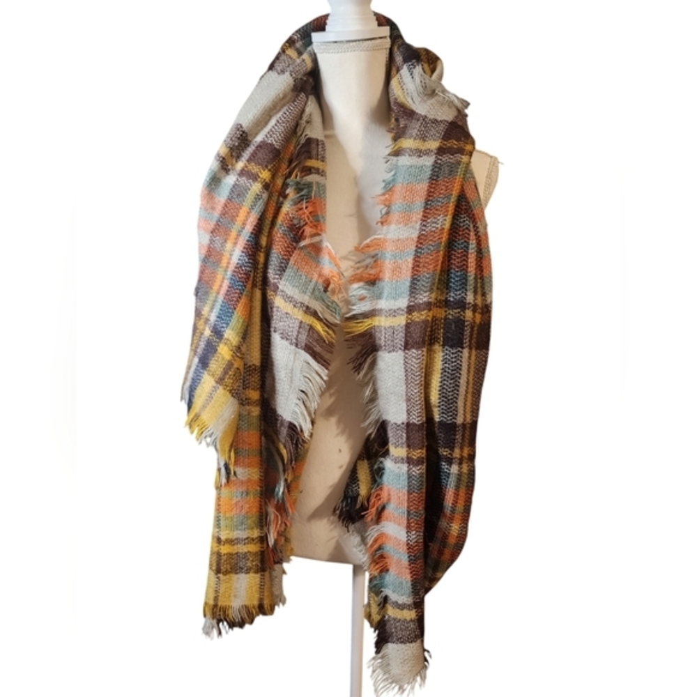 Plaid neutral blanket scarf